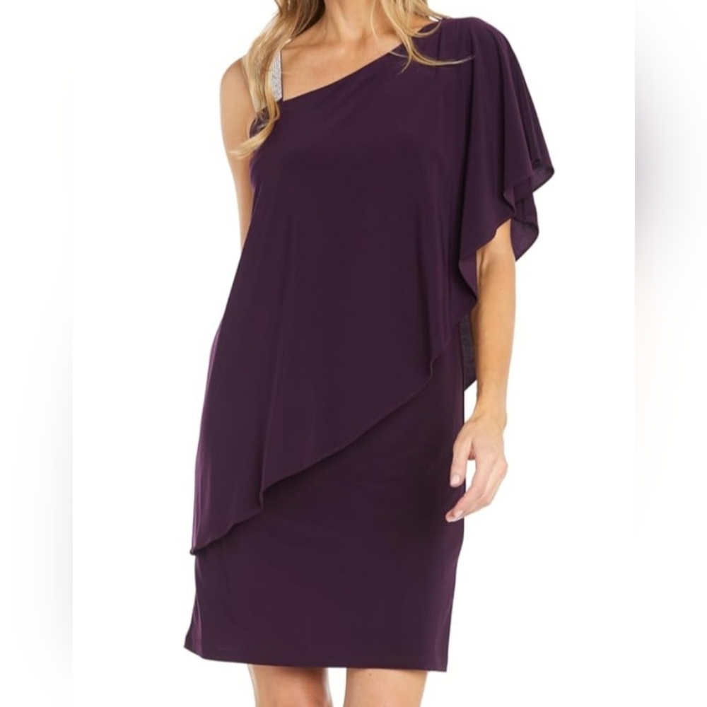 NWT. R&M Richards One-Shoulder Dress in Deep Purple With Rhinestone Strap.